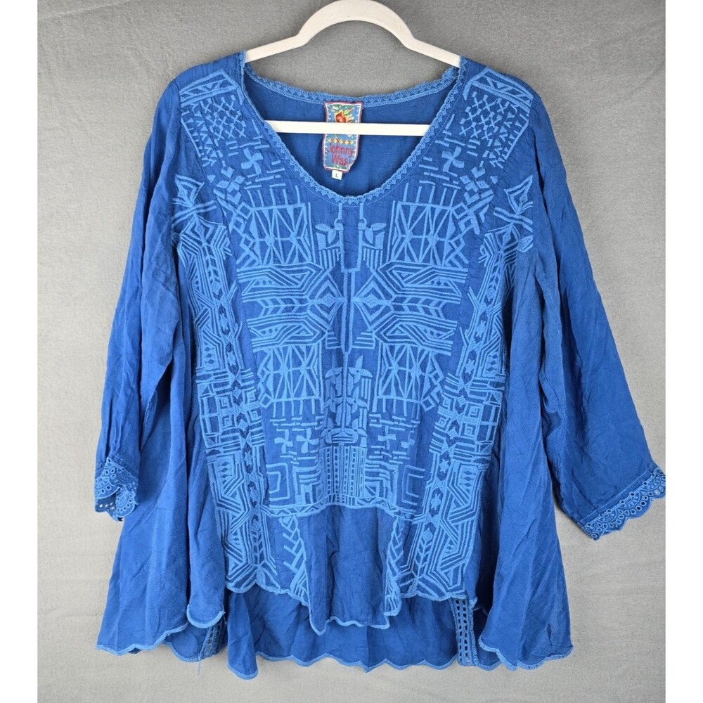 Johnny Was Women's Embroidered Peasant Blouse L Royal Blue Lace Trim Boho